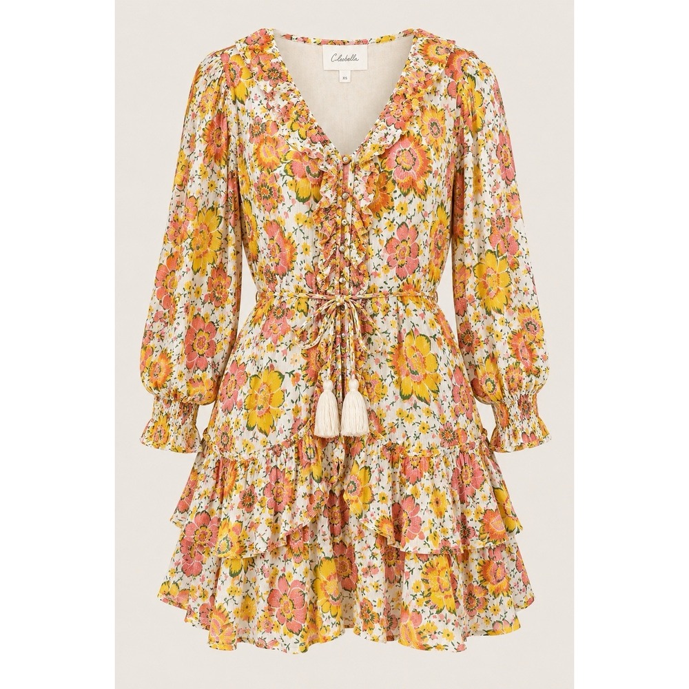 Cleobella Audrey Mini Dress XS Yellow Pink Floral Ruffle Tassel Boho $248